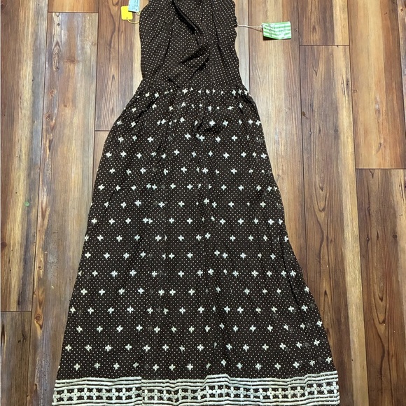 1970s M.G.M. Brown Polka Dot Halter Maxi Dress Prairie Embroidered Hem Sz 10 - Picture 2 of 16